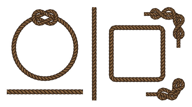 Nautical rope frames and borders set, brown cord circle and square frames with knots, decorative marine rope vector elements
