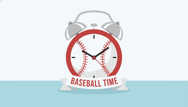 Red alarm clock with a baseball face sits on a light blue background under a banner displaying the text baseball time.