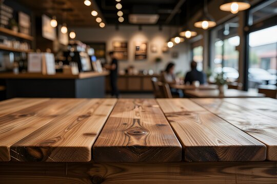 Rustic Wooden Table Surface Over Blurred Modern Coffee Shop Interior Environment