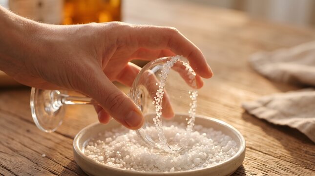 Hand rimming a cocktail glass with salt on a wooden table for drinks
