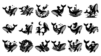 Fototapeta premium Children and Whales Silhouette Collection: Black and White Glyphs of Kids Playing with Marine Animals