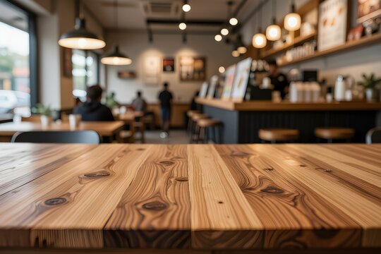 Rustic Wooden Table Surface Over Blurred Modern Coffee Shop Interior Environment