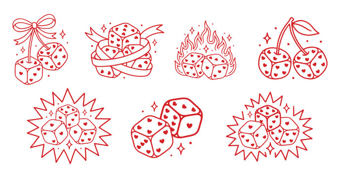 Line art illustrations depict heart marked dice with various surrounding motifs