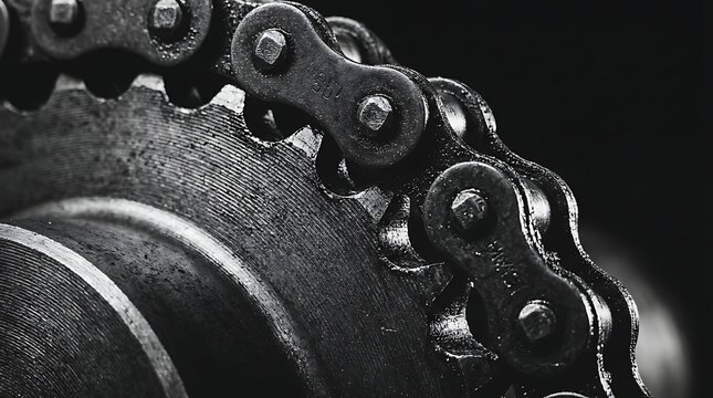 Industrial sprocket and roller chain in macro close up. Perfect for mechanical engineering and manufacturing concept.