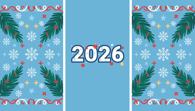 Festive three panel layout for year twenty twenty six featuring pine branches snowflakes and red christmas ornaments.