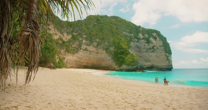 Dramatic limestone cliffs loom over sandy Kelingking Beach in Nusa Penida Bali