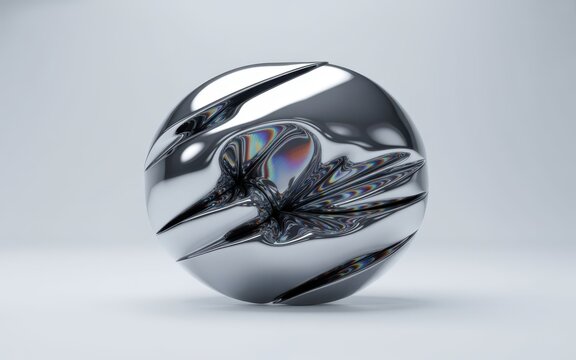 Reflective chrome sphere with abstract liquid distortions and iridescent surface details for futuristic concept art.