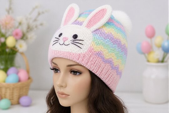 Mannequin wearing bunny hat in pastel easter display setting