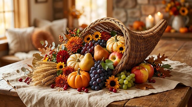 Abundant autumn harvest cornucopia overflowing with vibrant fruits, flowers, and vegetables on rustic wooden table