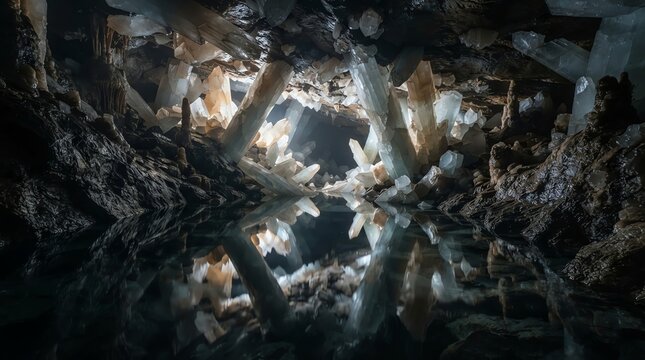 Crystal cave with water reflection