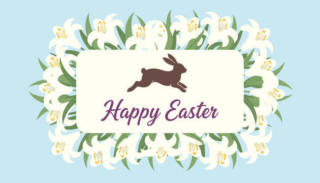 Brown rabbit silhouette leaps across a central white banner framed by beautiful easter lilies on a blue background.