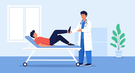 Fototapeta premium Doctor examining patient's leg on medical bed, physiotherapy illustration