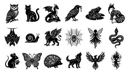 Obraz premium Esoteric Fantasy Nature Symbols - Stylized Black Silhouette Animal Mythical Creature Set