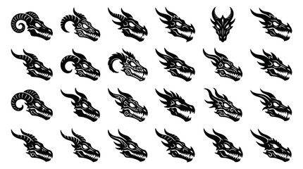 Fototapeta premium Black White Dragon Heads Icons, Fantasy Creatures Vector Art
