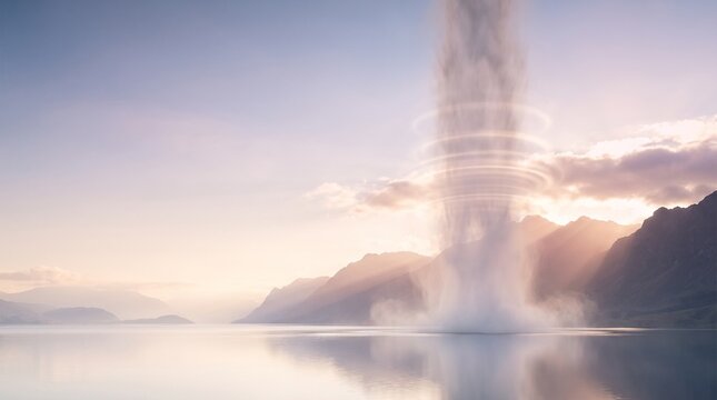 Ethereal Mist Vortex Rising Above a Serene Mountain Lake at Sunrise