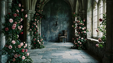 Fototapeta premium Moody medieval stone hall interior with arched windows climbing pink roses and vintage chair