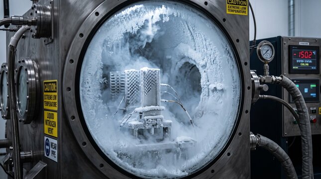 Industrial cryogenic freezer with frosted glass door during operation showing internal machinery