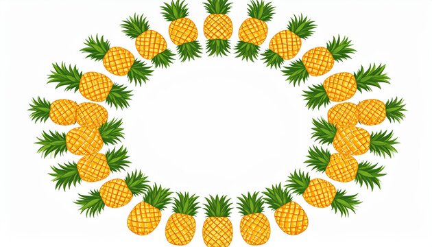 A vibrant illustration of numerous ripe pineapples arranged in an elegant oval frame on a clean white background, creating a tropical border.