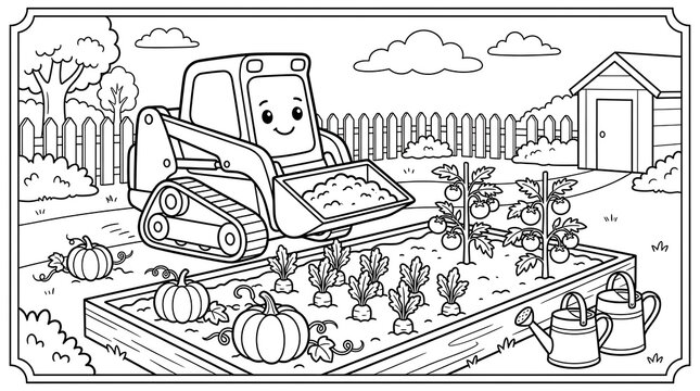 A smiling cartoon skid steer loader working in a vegetable garden with pumpkins, tomatoes, and watering cans in a black and white line