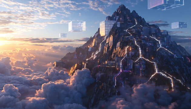 Futuristic sci-fi mountain fortress with advanced alien technology at sunrise