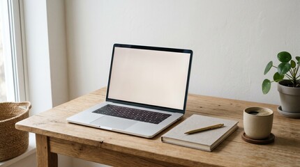 Fototapeta premium Laptop Screen Mockup on Wooden Desk with Notebook, Gold Pen, Coffee Cup and Pilea Plant by the Window