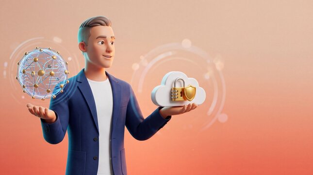 3D illustration of a young businessman presenting a glowing global network sphere and a secured cloud icon with padlock and shield.
