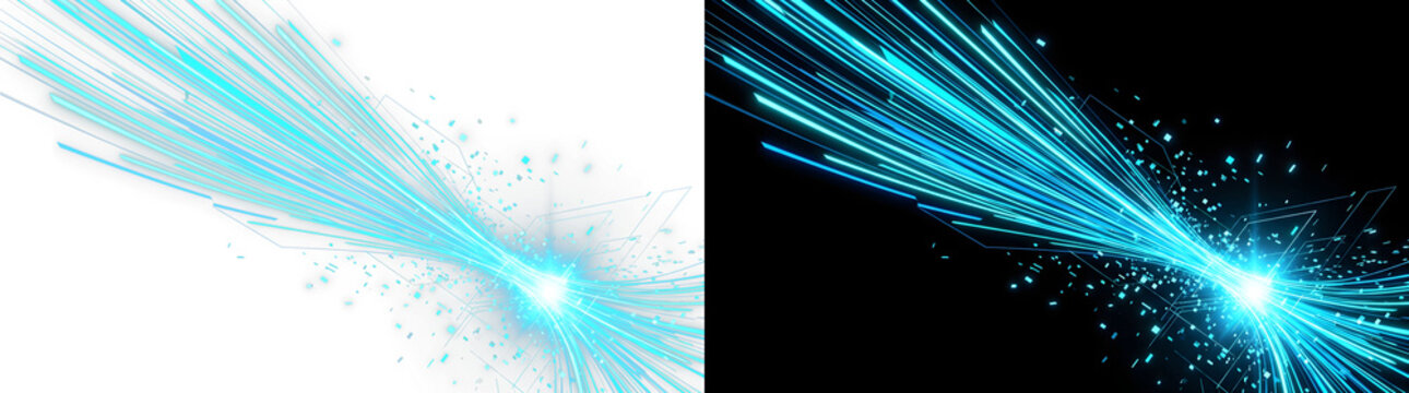 Electric blue light streaks radiating from a central focal point with energetic digital particles scattering in motion on transparent background
