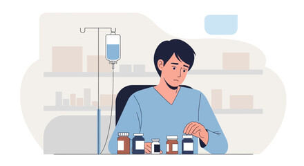 Fototapeta premium Man with IV drip and medication bottles, healthcare concept