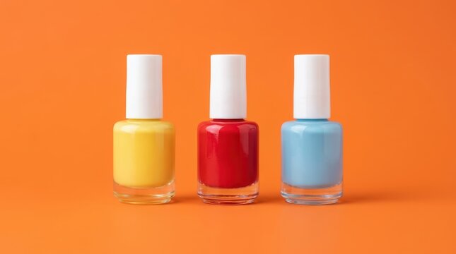 Three bottles of nail polish in yellow, red, and blue on an orange background