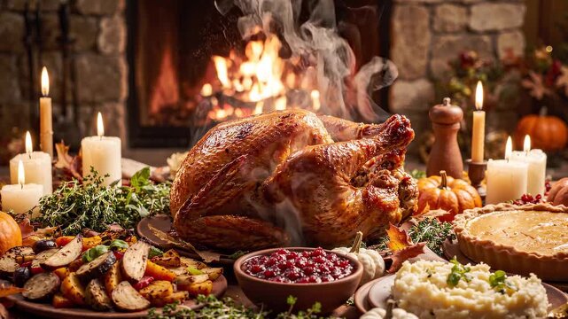 A festive Thanksgiving dinner table featuring a steaming roasted turkey, delicious sides, and pumpkin pie. Warm ambiance.