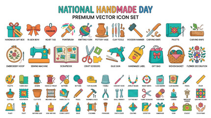 Fototapeta premium Handmade Day Vector Icon Set Representing Creative Crafting Tools and Hobby Supplies for Art Projects