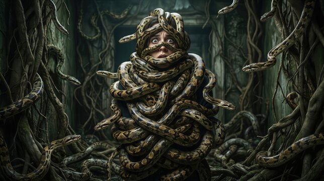 Scared woman wrapped in many snakes. Concept of ophidiophobia and intense fear. Psychological struggle with phobia in dark jungle environment. Mental health and anxiety disorder theme.