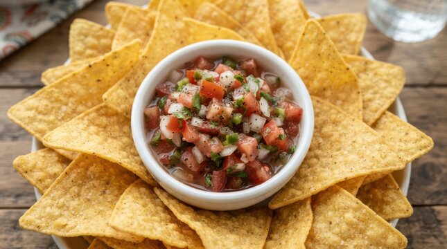Fresh homemade pico de gallo salsa in a white bowl surrounded by crispy corn tortilla chips on a rustic wooden table