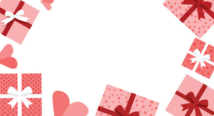 Fototapeta premium Charming illustration featuring scattered pink gift boxes with white or red ribbons and heart accents on a clean white background.