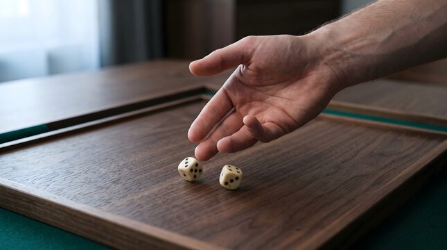 Person rolling ivory dice on a wooden board game surface in a room
