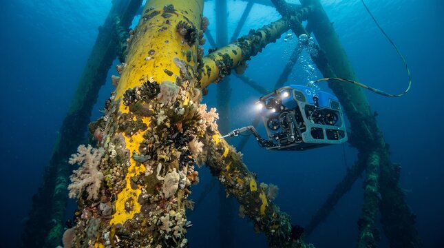 Underwater remotely operated vehicle inspects marine growth on offshore platform structure during daylight exploration