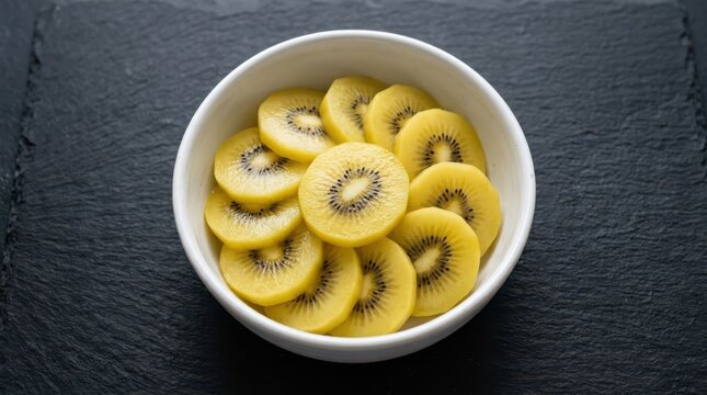 Fresh sliced golden kiwi fruit in a white bowl on a dark slate background