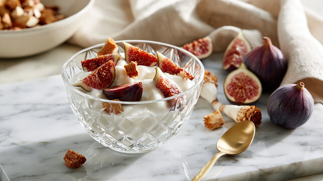Crystal bowl of probiotic yogurt with figs and chicory root on marble showcasing synbiotic nutrition longevity wellness and luxury styling