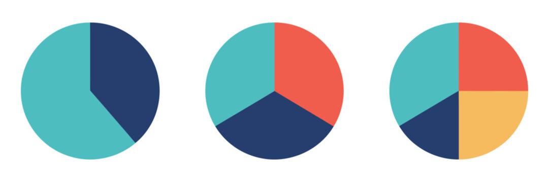 Circle divided into 2, 3, and 4 equal segments showing half, one third, and one fourth fractions for learning, geometry, and infographic design