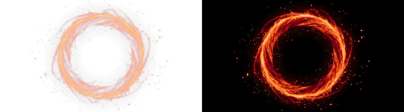 Radiant circular ring of swirling orange flames featuring bright glowing embers and dynamic fire motion captured on transparent background