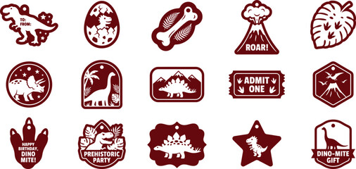 Set of cute dinosaur-themed gift tags and stickers featuring prehistoric cartoon illustrations of T-Rex, Triceratops, and Stegosaurus. © Emon