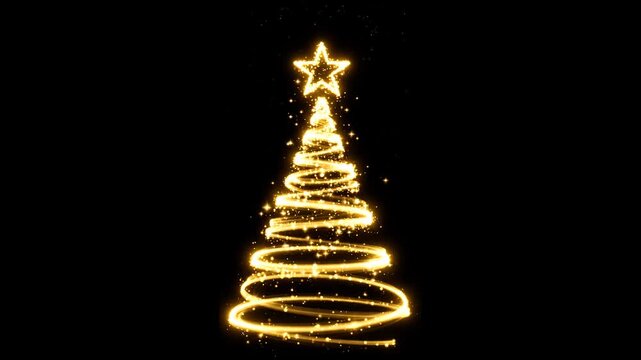 A golden light trail forms a sparkling Christmas tree with a star on a black background. Ideal for festive season.