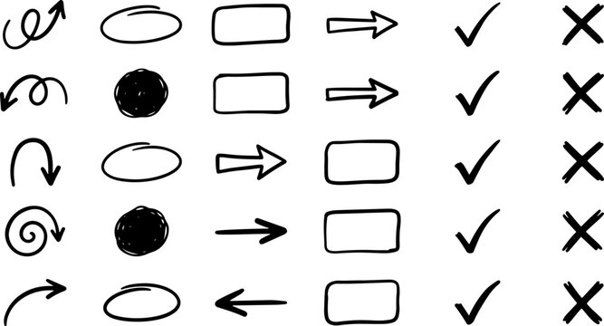 Hand drawn arrows check marks cross marks circles and rectangles set with rectangle handdrawn collection