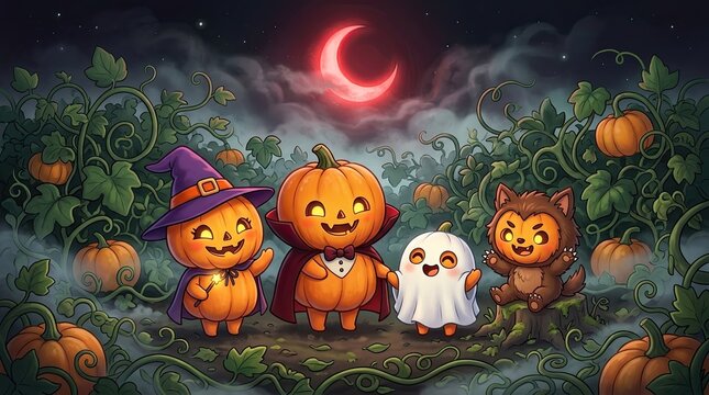Cute Halloween Pumpkin Family Posing in Costumes in Spooky Patch