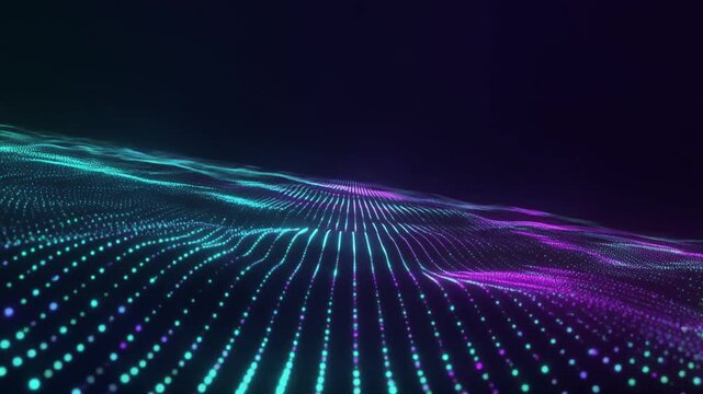 Thousands of glowing blue and violet digital particles flow in organized wave patterns through deep dark space, with luminous energy ripples creating synchronized premium corporate technology overlay