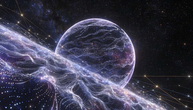 Futuristic digital planet with cosmic energy waves and glowing neural network in deep space