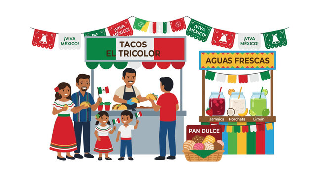 Mexican Family Enjoying Street Food at Festive Market Stall with Tacos and Aguas Frescas