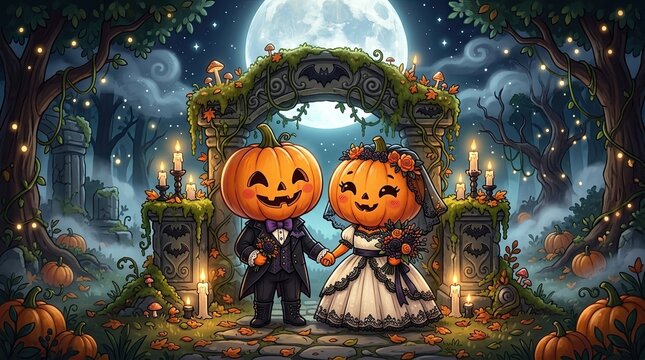 Cute Halloween Pumpkin Couple Getting Married at Gothic Altar in Spooky Forest