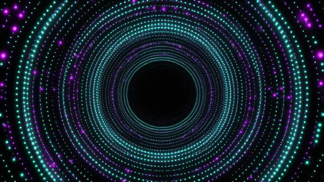 Cyan violet particle spiral vortex on black background, seamless loop