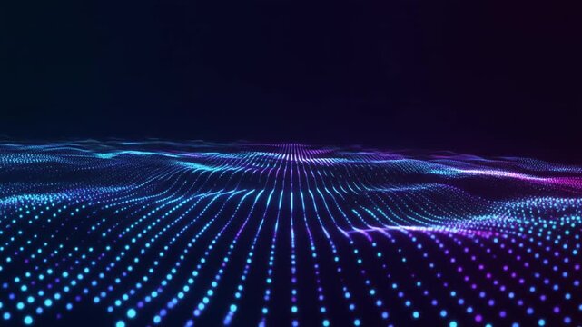 Thousands of glowing blue and violet digital particles flow in organized wave patterns through deep dark space, with luminous energy ripples creating synchronized premium corporate technology overlay